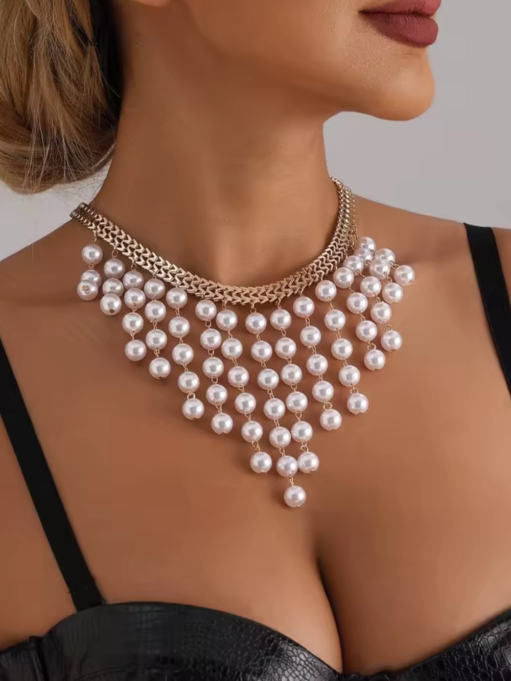 Gold-Tone Layered Pearl Bib Necklace - White Pearls - Picture 3 of 10
